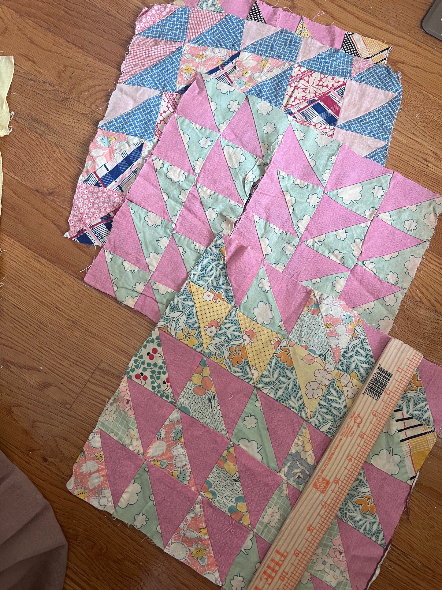 Vintage Quilt Blocks Lot of 4 – Pink Aqua Floral Triangle Patchwork – Cottage/Feedsack Style