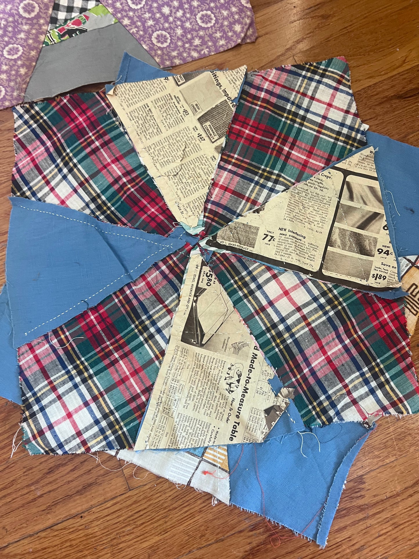 Set of 14 Vintage Hand-Pieced Quilt Blocks | 13” Pinwheel / Windmill Blocks | Newspaper Foundation | Scrappy Fabrics