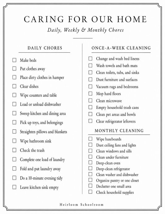 Daily, Weekly & Monthly Cleaning Checklist | Printable Homekeeping Guide