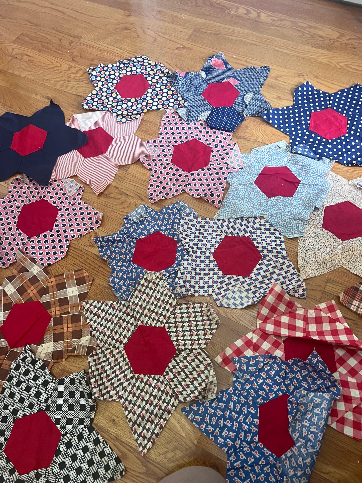 22 Vintage Hand-Pieced Six-Point Star Quilt Blocks | Large 15” Patchwork Blocks