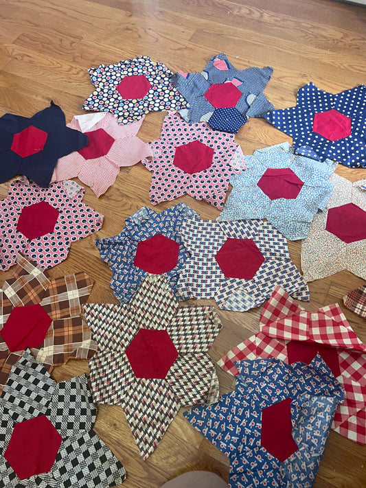 22 Vintage Hand-Pieced Six-Point Star Quilt Blocks | Large 15” Patchwork Blocks