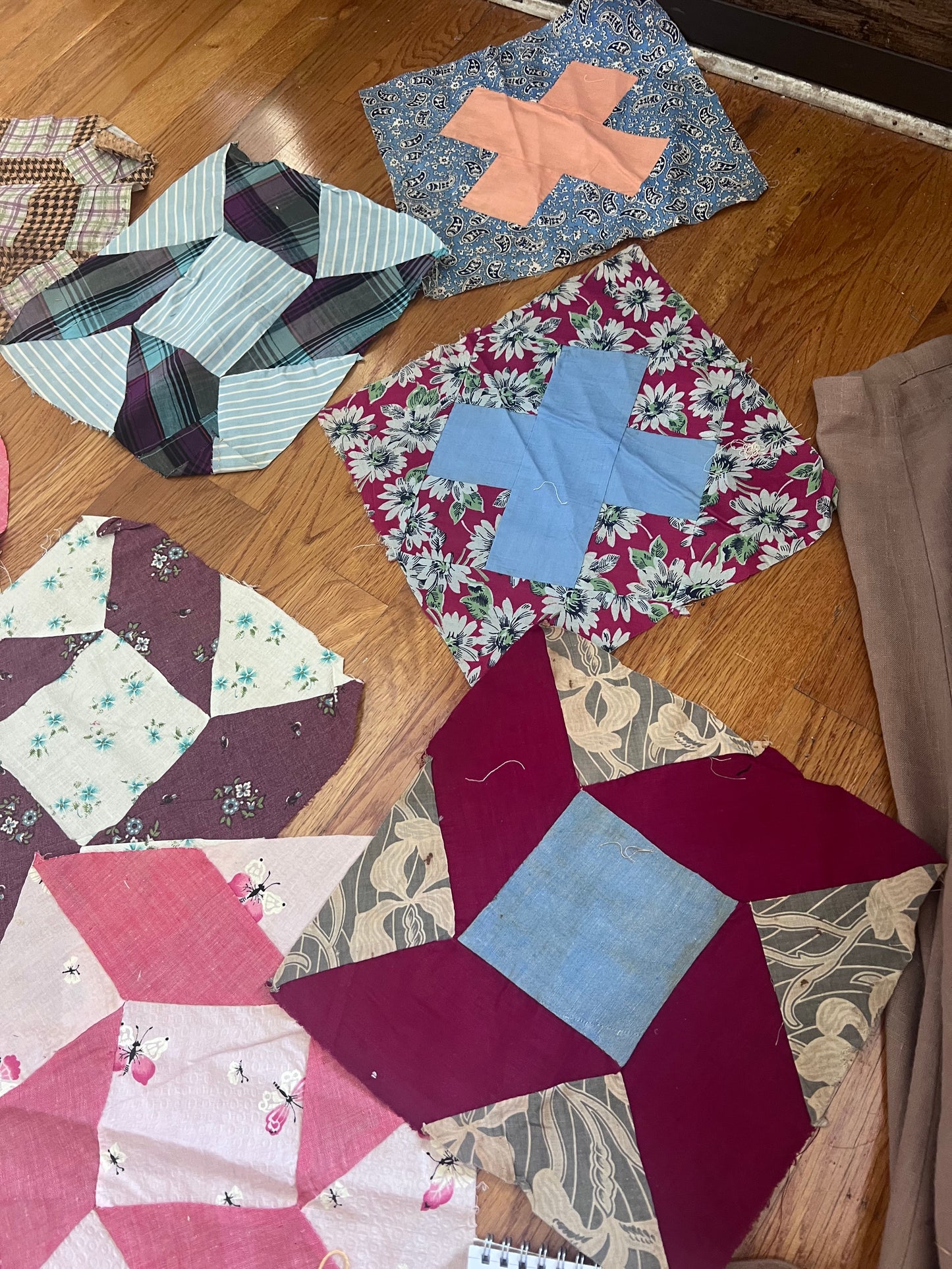 12 Vintage Hand-Pieced Quilt Blocks | 10” Antique Scrappy Patchwork Lot