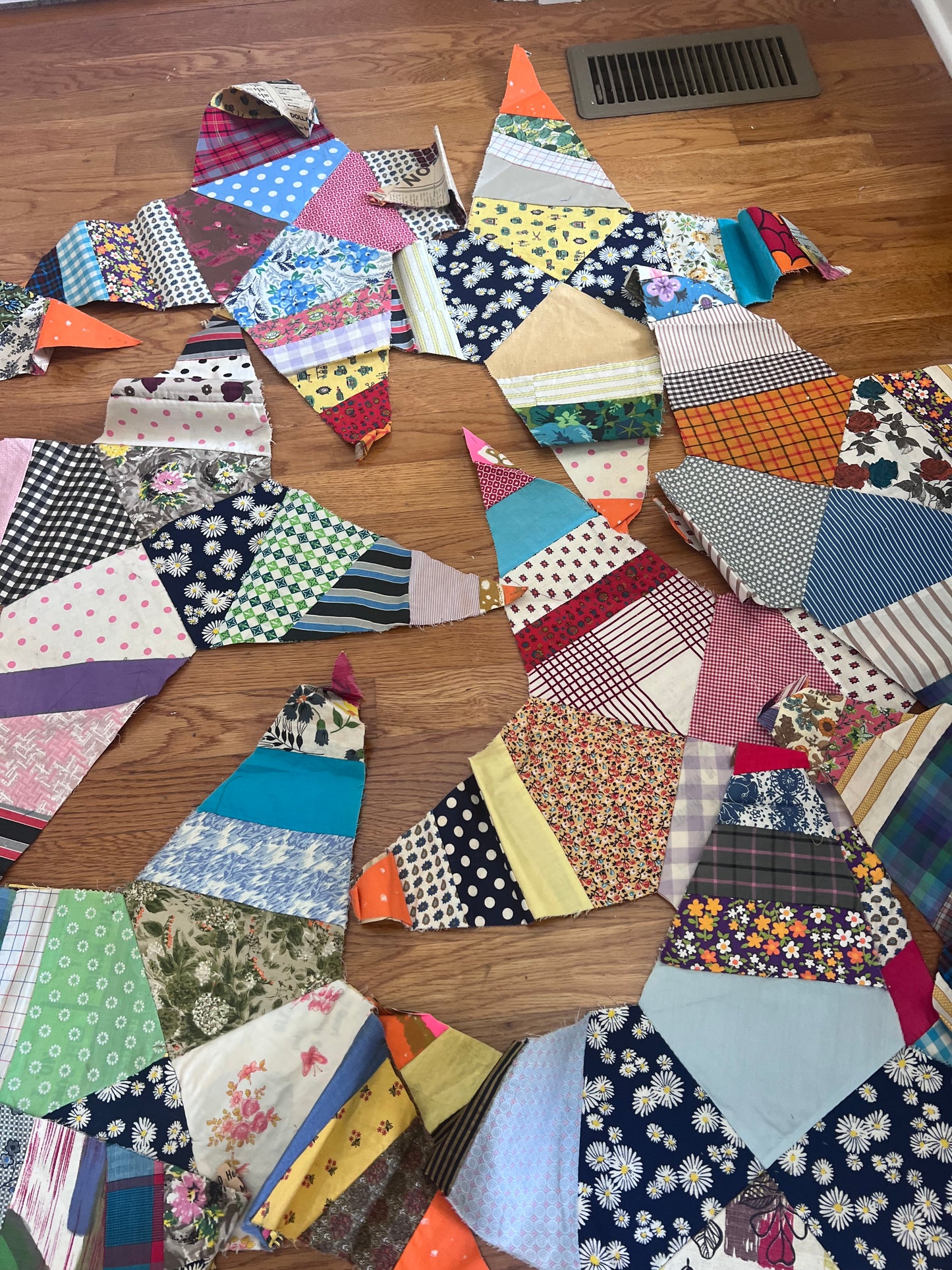 Vintage Hand-Pieced Four Point Star Quilt Blocks | 12–30” Large Scrap Quilt Stars | Newspaper Foundation Pieced