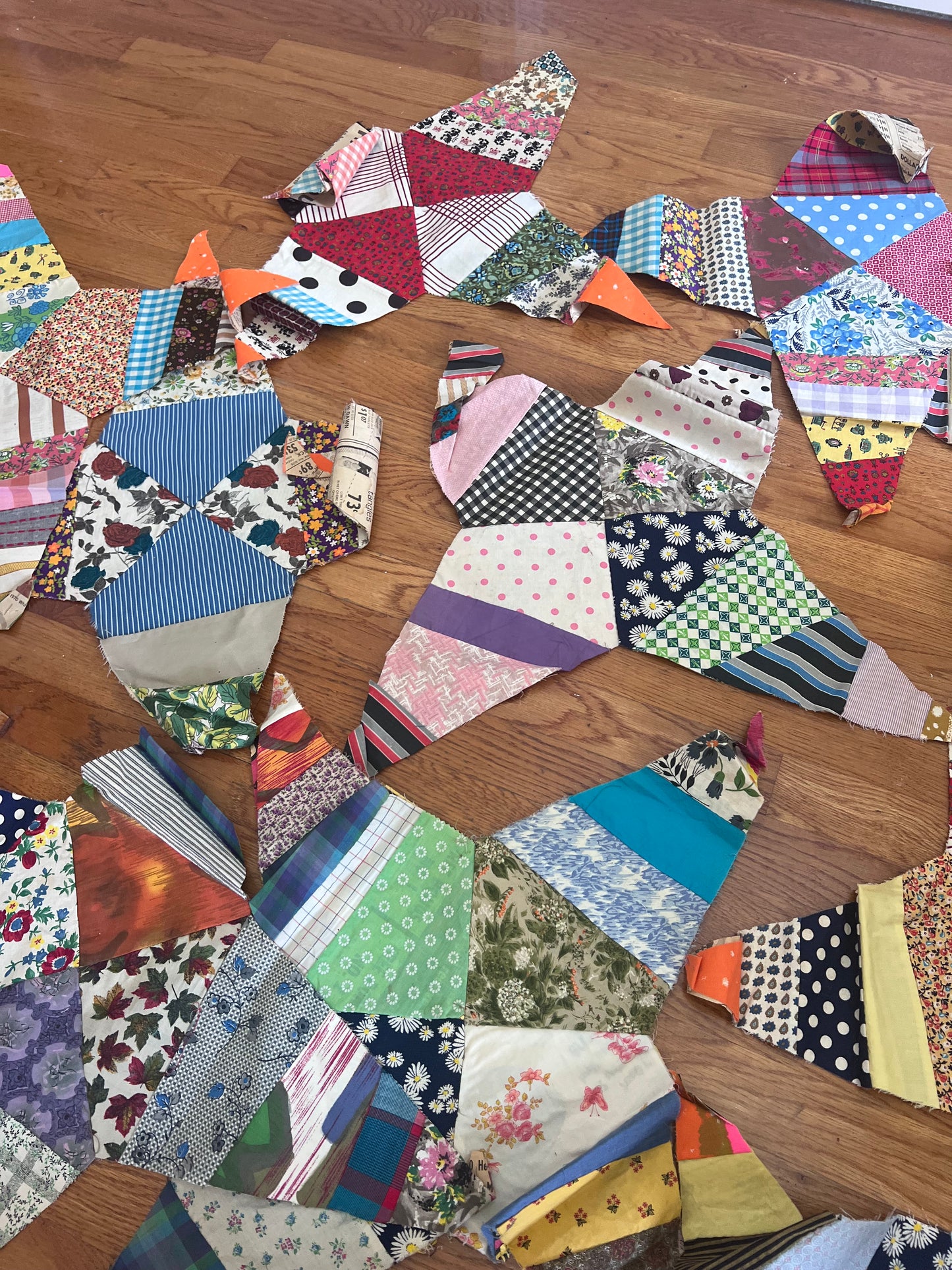 Vintage Hand-Pieced Four Point Star Quilt Blocks | 12–30” Large Scrap Quilt Stars | Newspaper Foundation Pieced
