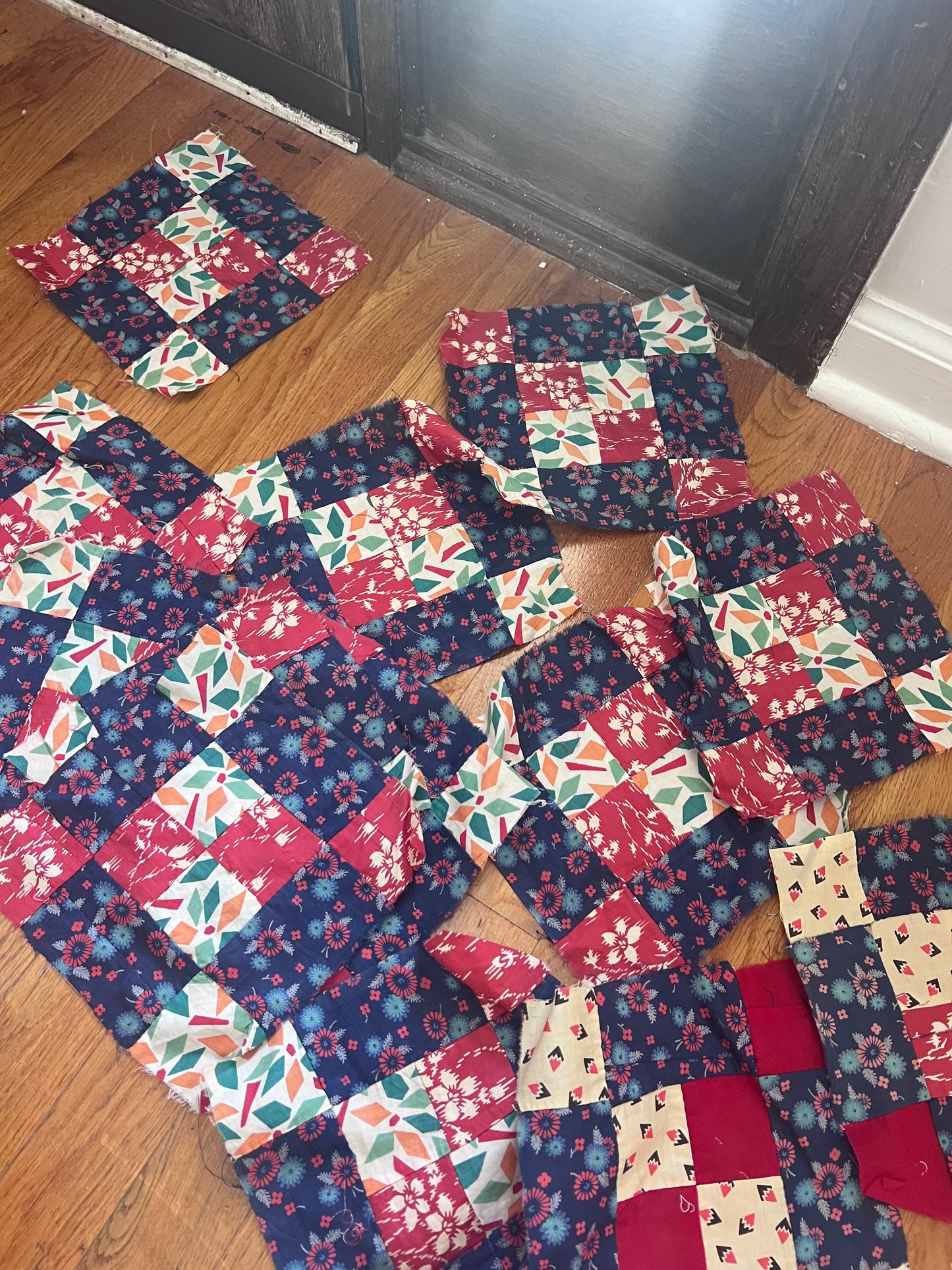 Vintage Hand-Pieced Nine Patch Quilt Blocks | Set of 18