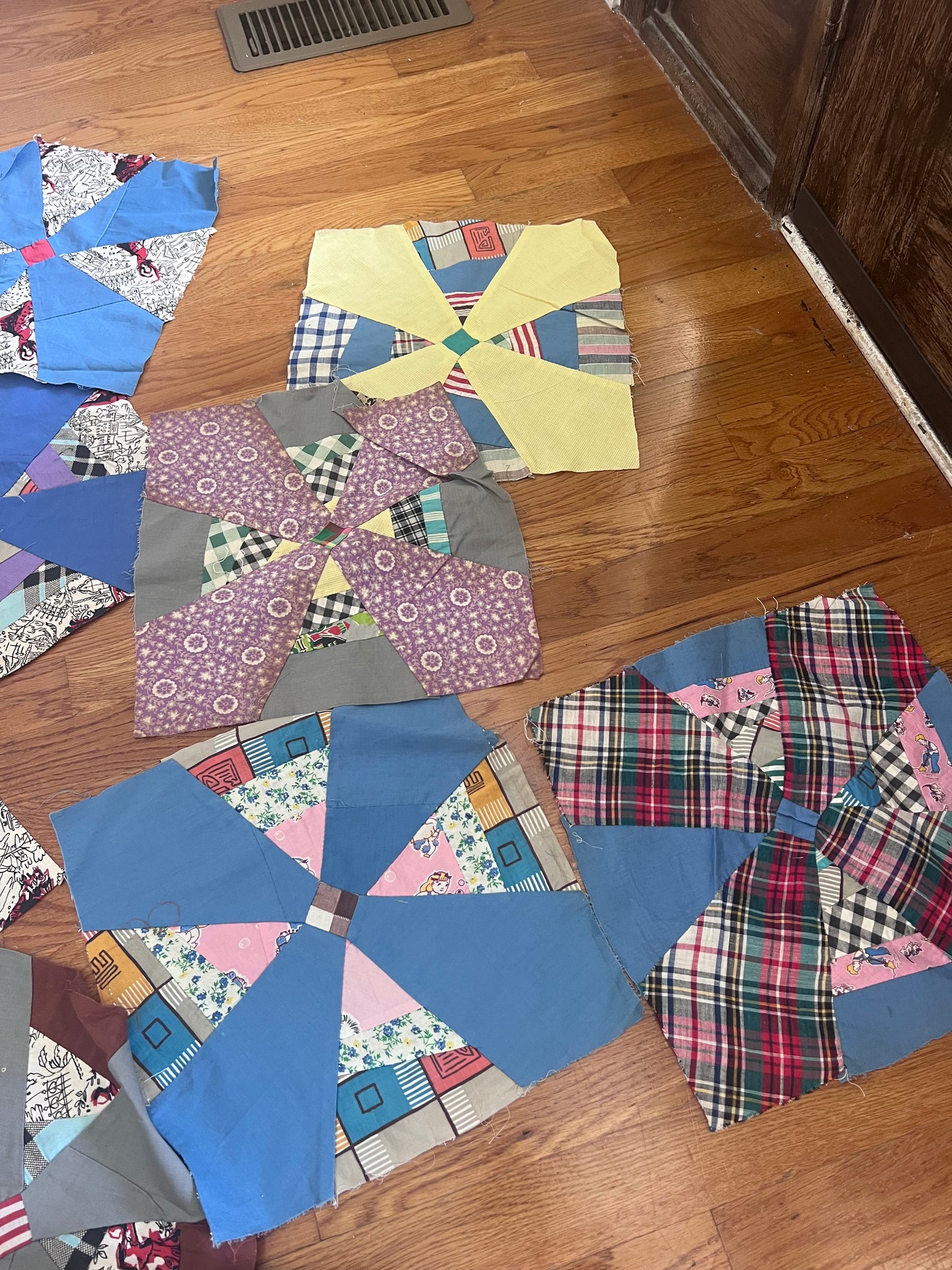 Set of 14 Vintage Hand-Pieced Quilt Blocks | 13” Pinwheel / Windmill Blocks | Newspaper Foundation | Scrappy Fabrics