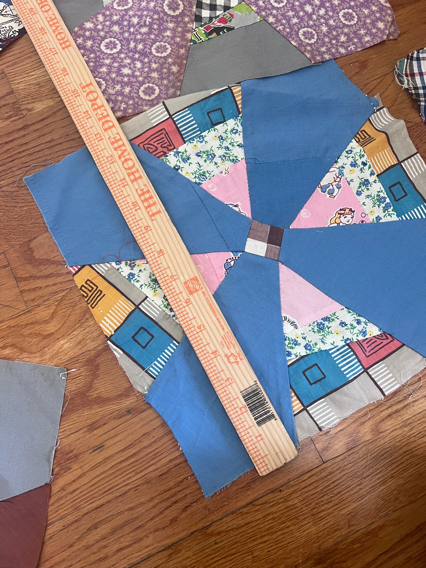 Set of 14 Vintage Hand-Pieced Quilt Blocks | 13” Pinwheel / Windmill Blocks | Newspaper Foundation | Scrappy Fabrics