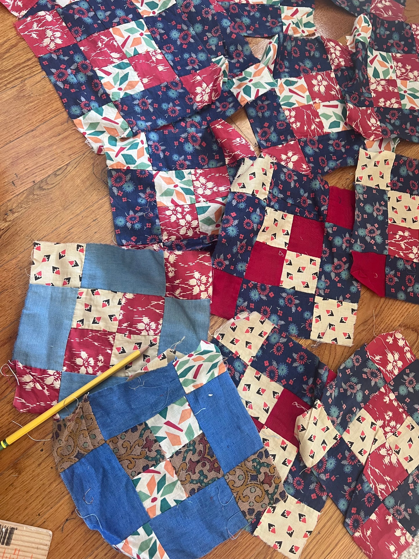Vintage Hand-Pieced Nine Patch Quilt Blocks | Set of 18