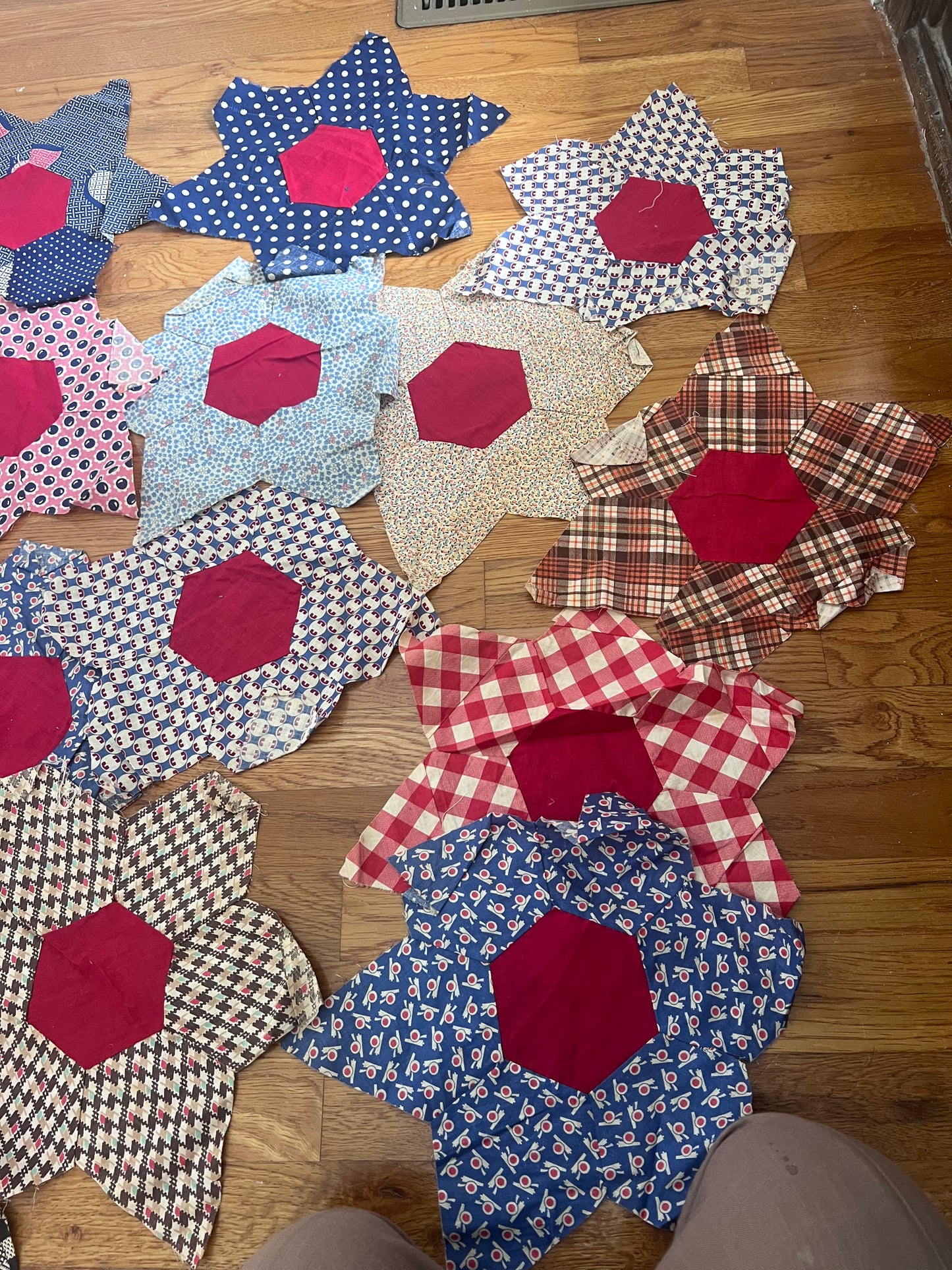 22 Vintage Hand-Pieced Six-Point Star Quilt Blocks | Large 15” Patchwork Blocks
