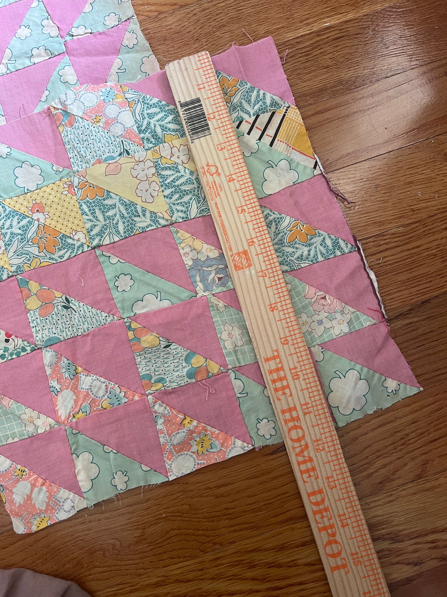 Vintage Quilt Blocks Lot of 4 – Pink Aqua Floral Triangle Patchwork – Cottage/Feedsack Style