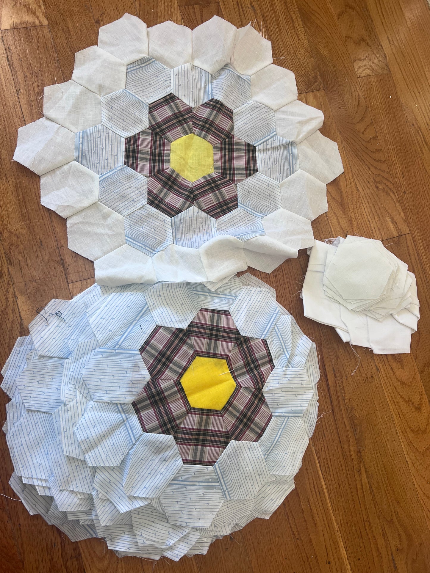 28 Vintage Grandmother’s Flower Garden Quilt Blocks | 12” Hand-Pieced Hexagon Flowers | Unfinished Quilt Lot