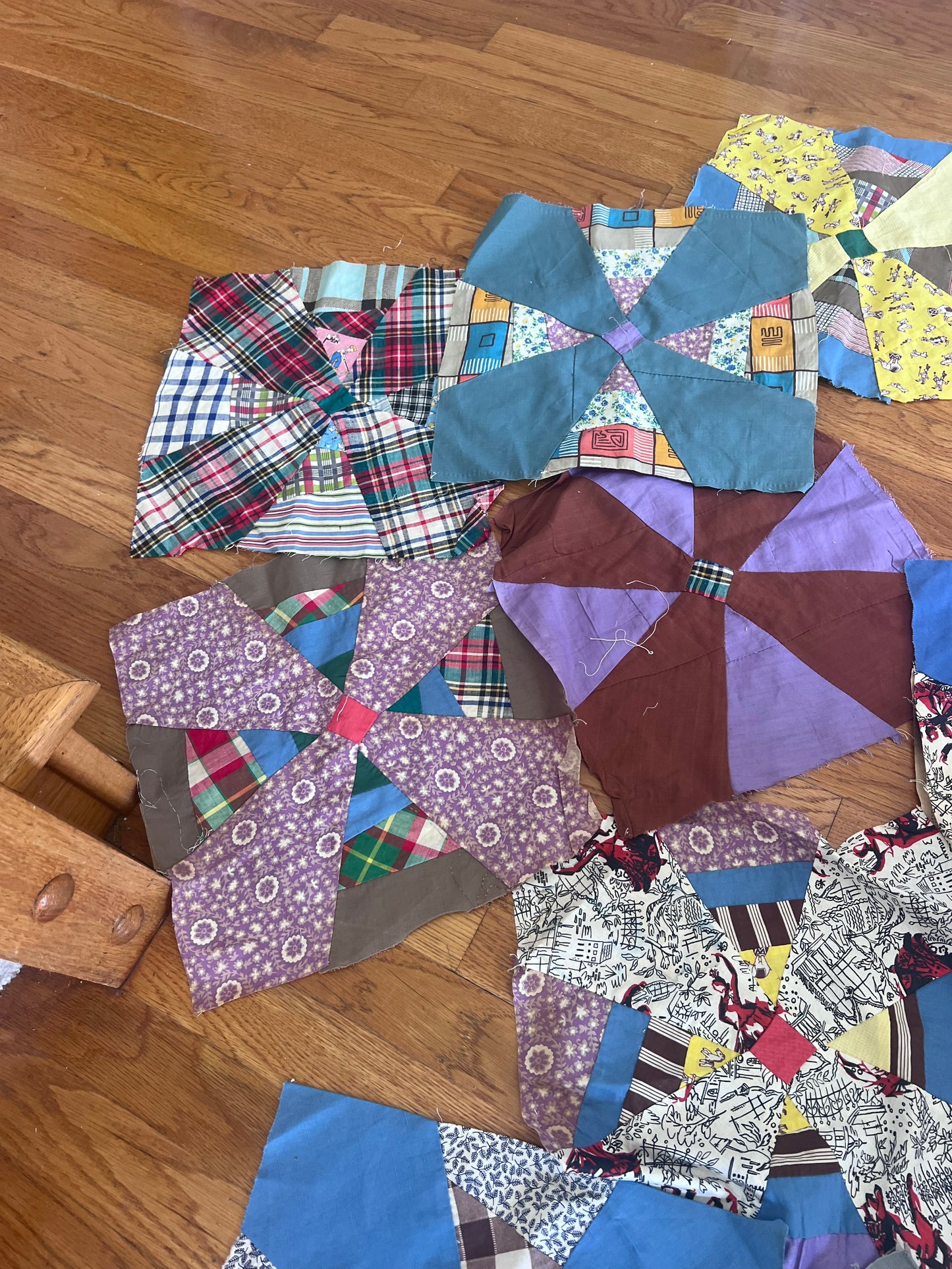 Set of 14 Vintage Hand-Pieced Quilt Blocks | 13” Pinwheel / Windmill Blocks | Newspaper Foundation | Scrappy Fabrics