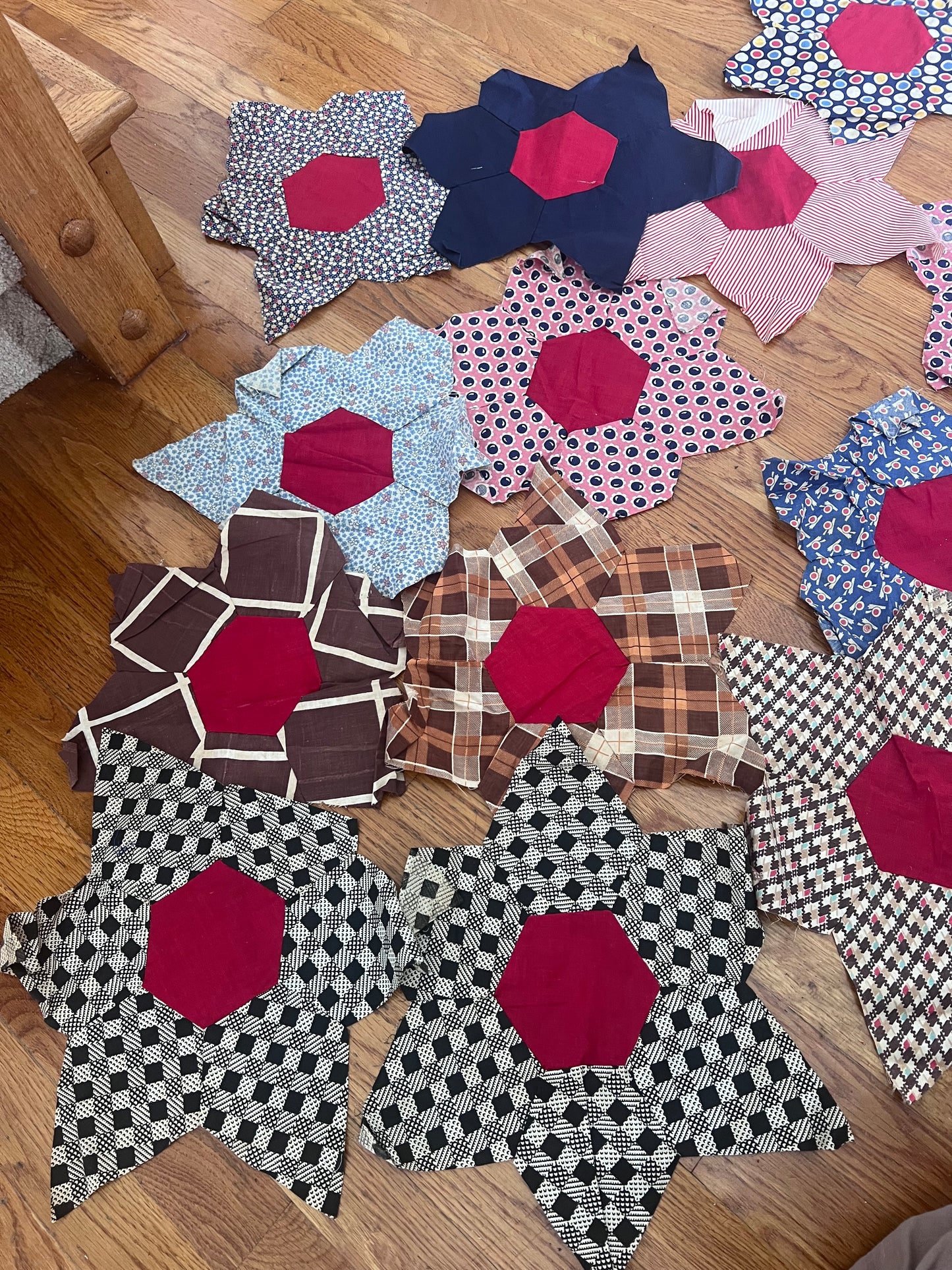 22 Vintage Hand-Pieced Six-Point Star Quilt Blocks | Large 15” Patchwork Blocks