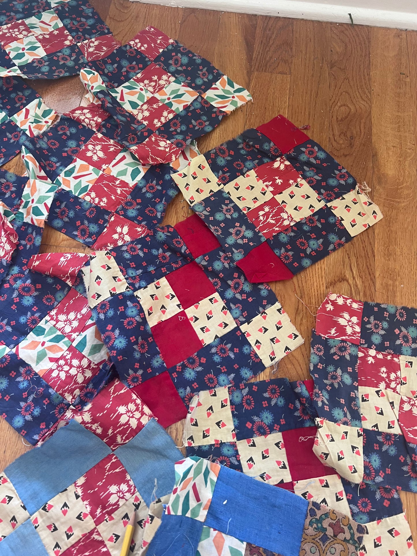 Vintage Hand-Pieced Nine Patch Quilt Blocks | Set of 18